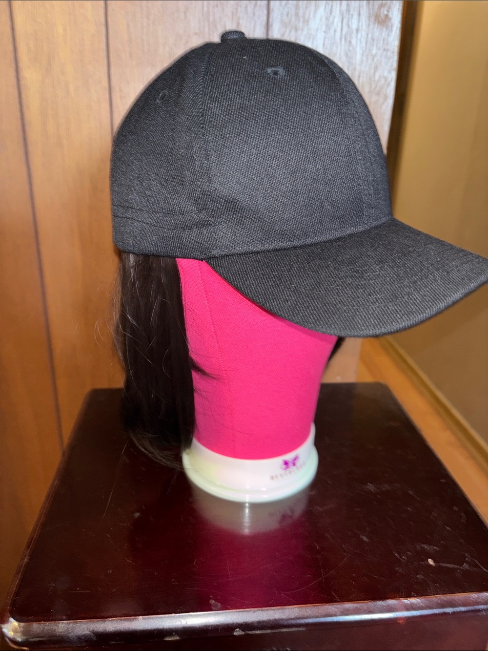 Black Baseball Hat wig with Straight Brim. Approx 6 inches in length.